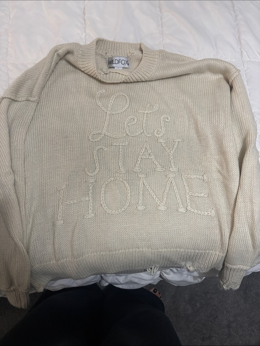 Wildfox Cream 'Let's Stay Home' Knit Crewneck Sweater